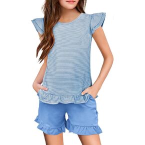Yousify Girls 2 Piece Short Sets Kids Summer Outfit Flutter Sleeve Shirts Ruffle Short Sleeve Top and Shorts with Pocket