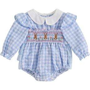 Adobabirl Infant Baby Girl Outfit Newborn Bow Bubble Romper Long Sleeve Embroidery Jumpsuit Cute Smocked Clothes in Kuwait