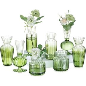 Modern Clear Glass Bud Vase Set: Glasseam 8Pcs Small Mini Flower Centerpieces Vases Handmade Decorative Cute Short Window Home Decor for Wedding Reception Dining Table Single Rose