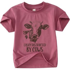 Toddler Baby Boy Girl Farm Shirt Easily Distracted by Cows Animals Graphic T-Shirt Kid Funny Letter Summer Tee Tops