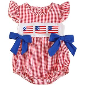 Newborn Baby Girl 4th of July Outfit Smocked Clothes 1st Fourth of July Bubble Romper Independence Day Bodysuits