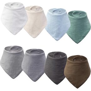 8-Pack 100% Cotton Muslin Drool Bibs - Adjustable Bandana Bibs for Babies 0-36M, Boys & Girls
