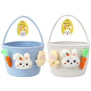 2 Pcs Easter Baskets for Kids, Baby Easter Basket for Toddler Boys Girls Per Basket Includes Three Small Plush Dolls and Decorative Card (Pink-White)
