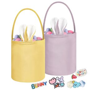 Easter Basket for Kids, Easter Baskets with Handle Bunny Bag, Reusable 2-Pack Velvet Easter Gift Bags for Boys, Girls(Yellow, Purple)