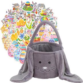 Easter Bunny Basket for Kids, Cute Plush Big Ear Easter Basket with 50PCS Easter Stickers Pack for Boys Girls Easter Gifts for Egg Hunting Basket (Grey)