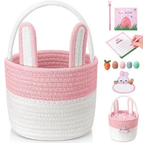 Small Easter Baskets Set Woven Easter Basket with Name Tag Detachable Rabbit Ear Rustic Bunny Basket for Kids Girl Boy Baby Party Decoration Supplies(Pink)