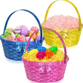 3 Pack Bamboo Easter Egg Hunt Basket, 9.7 Inch Reusable Buckets for Kids, Non-Toxic & Splinter-Free with Bows, Easter Bunny Gifts, Spring Party Favors, Outdoor Activity Prizes