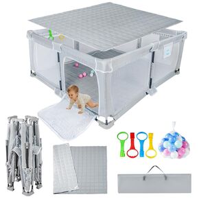 Foldable Baby Playpen 50"x50"，Playpen for Babies and Toddlers with Mat，Foldable playpen with Door，Indoor and Outdoor Baby Fence Play Area (Light Gray, Foldable 50"x50" with Mat)