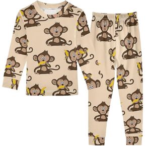 MCHIVER Monkey Banana Pajamas Set 2 Piece Cotton Pjs Set Long Sleeve Sleepwear Size 18M-8Y