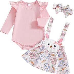 Newborn Baby Girl Easter Outfit Long Sleeve Romper Rabbit Suspender Skirt Headband My First Easter Outfit