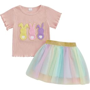 Kids Toddler Baby Girl Easter Outfit Letter Bunny Embroidery Short Sleeve Shirt Tulle Tutu Skirt Set Easter Clothes