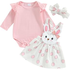 Newborn Baby Girl Bunny Outfit Long Sleeve Romper Rabbit Suspender Skirt Overall Dress Headband My 1st Easter Outfit