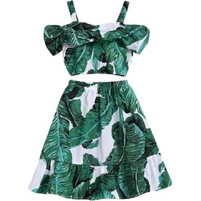 Toddler Baby Girl Strap Banana Leaf Print Strappy Cold Shoulder Cropped Top + Long Skirts Outfits Clothes Set