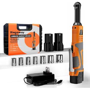 3/8" Extended Cordless Electric Ratchet Wrench Set, Long Neck Power Ratchet Wrench Kit With Variable Speed Trigger 2 Packs 2.0Ah Batteries, 1 Plug Charger, 7 Sockets And Toolbox