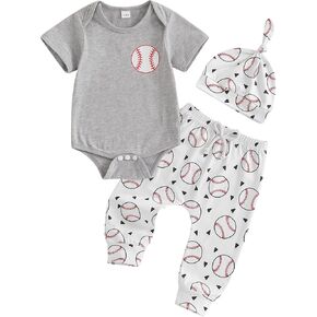 Lamuusaa Newborn Baby Boy Baseball Outfit Short Sleeve Baseball Romper Onesie Long Pants Hat 3Pcs Summer Clothes 0-18M