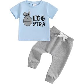 Gueuusu Toddler Baby Boy Summer Clothes Short Sleeve Easter Egg Print T Shirt Solid Pants Set Infant Easter Outfit