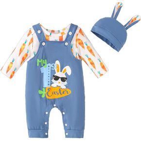 Baby Boy Easter Outfit Bunny Romper+Overalls Pants+Hat 3PC My First Easter Clothes 0-18 Months
