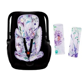 Infant Car Seat Insert & Carseat Strap Pads Babies Girls, Purple Infant Car Seat Strap Covers, 2 in 1 Baby Carseat Head Support, Double-Sided Use, Super Soft, Flower