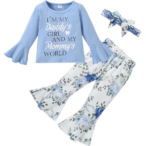 YALLET 3Pcs Toddler Girl Clothes,Solid Color Long Sleeves Ruffle Top+ Floral Pant +Floral Headband
