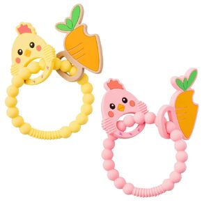 Easter Silicone Teether Toys for Babies - 2ooya 2Pcs Pink Yellow Carrot Chick Teething Ring Infant Soft Teethers, Toddler Teething Chew Toys for Newborn Boy and Girl Easter Baby Shower Birthday Gifts