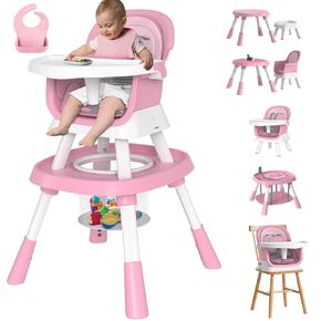 BIERUM 15-in-1 Baby High Chair,Convertible Activity Play Center/Building Block Table/Booster Seat with 5-Point Harness/2-Layer Cushion/Removable Tray,Highchair for Ages 6-120 Months-Pink