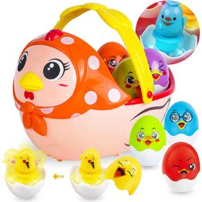 Easter Basket Stuffers for Toddlers Baby, Musical Easter Toys Gifts w/Colorful Changing Lights & 6Pcs Matching Eggs for Boys Girls, Plastic Easter Eggs for Easter Egg Hunt