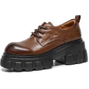 BEAU TODAY Platform Oxfords for Women, Oxford Shoes for Women,Chunky Cow Leather Lace up Dress Shoes,Fashion Casual Comfort Brethable Ladies Handmade Oxford Shoes