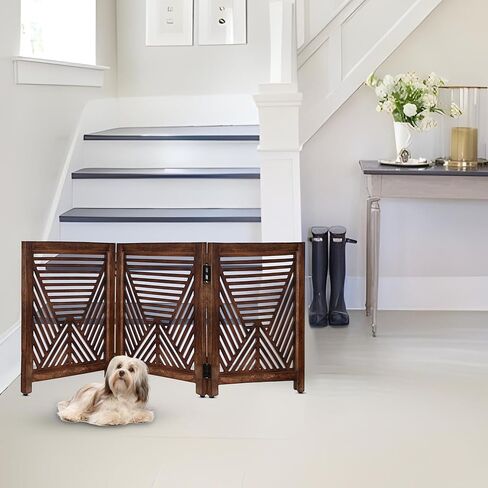 Lightnpro Geometric Wooden Pet Gate - Foldable Freestanding Safety Gate for Dogs, Puppies & Small Pets, Indoor Fence for Stairs, Doorways & Hallways - 24x18 Inch Antique White in Kuwait