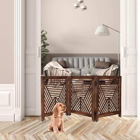 Lightnpro Geometric Wooden Pet Gate - Foldable Freestanding Safety Gate for Dogs, Puppies & Small Pets, Indoor Fence for Stairs, Doorways & Hallways - 24x18 Inch Antique White in Kuwait