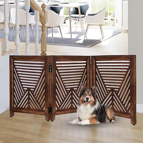 Lightnpro Geometric Wooden Pet Gate - Foldable Freestanding Safety Gate for Dogs, Puppies & Small Pets, Indoor Fence for Stairs, Doorways & Hallways - 24x18 Inch Antique White in Kuwait