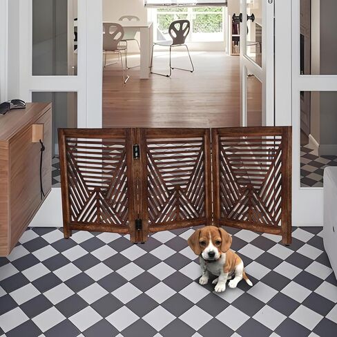Lightnpro Geometric Wooden Pet Gate - Foldable Freestanding Safety Gate for Dogs, Puppies & Small Pets, Indoor Fence for Stairs, Doorways & Hallways - 24x18 Inch Antique White in Kuwait