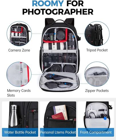 BAGSMART Camera Backpack, Expandable DSLR SLR Camera Bags for Photographers, Photography Travel Backpack with 15.6" Laptop Compartment, Rain Cover & Tripod Holder, Black in Saudi Arabia
