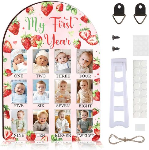 Strawberry My First Year Photo Frame, Berry Baby's First Year Wooden Picture Frame Red, Newborn 12 Months Milestone Memories Display Wood Board for 1st Birthday Decorations Keepsake Gift in Kuwait