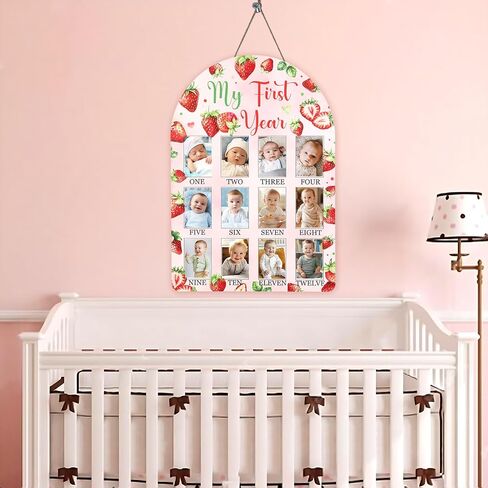 Strawberry My First Year Photo Frame, Berry Baby's First Year Wooden Picture Frame Red, Newborn 12 Months Milestone Memories Display Wood Board for 1st Birthday Decorations Keepsake Gift in Kuwait