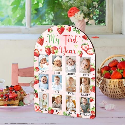 Strawberry My First Year Photo Frame, Berry Baby's First Year Wooden Picture Frame Red, Newborn 12 Months Milestone Memories Display Wood Board for 1st Birthday Decorations Keepsake Gift in Kuwait