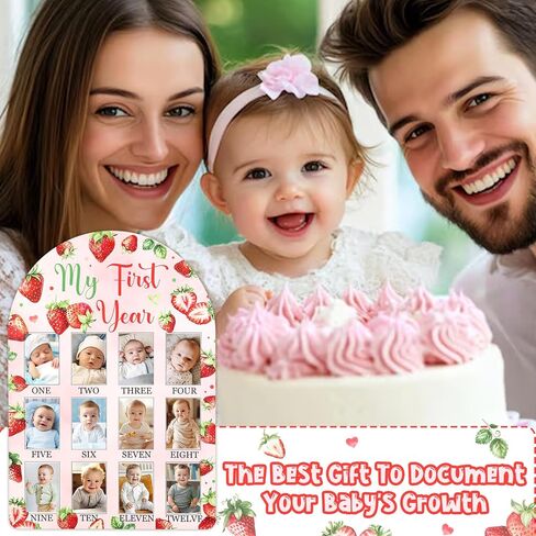 Strawberry My First Year Photo Frame, Berry Baby's First Year Wooden Picture Frame Red, Newborn 12 Months Milestone Memories Display Wood Board for 1st Birthday Decorations Keepsake Gift in Kuwait