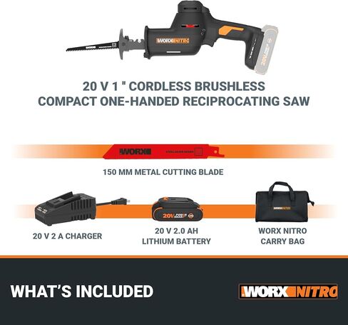 Worx 20V Compact Compact Cordless Pronslocating Saw ، طول السكتة الدماغية 1 "، محرك بدون فرش لوقت تشغيل أطول بنسبة 50 ٪ ، وتصميم خفيف الوزن للتشغيل بيد واحدة-تشمل الشاحن WX501L in Kuwait
