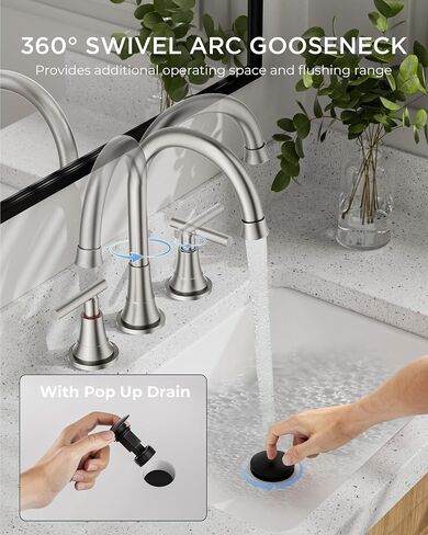 FORIOUS Matte Black Bathroom Faucets 3 Hole, 8 inch Widespread Bathroom Faucet with Pop-up Drain, 2-Handle Vanity Faucet for Bathroom Sink with 360 Degree Swivel Spout in Kuwait
