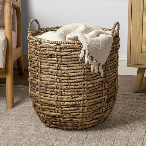 happimess BSK1003B Laurel 19.49" Bohemian Handwoven Abaca Hamper Basket with Handles, Brown for Storage and Decoration in Bathroom, Bedroom, Living Room in Kuwait