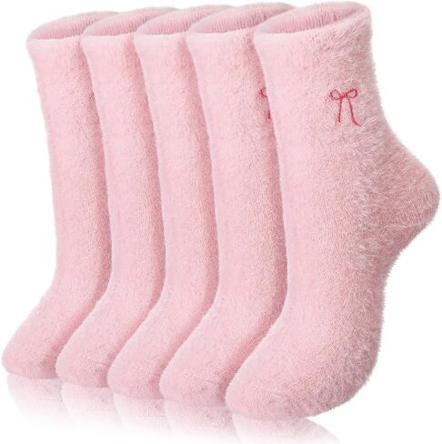 Geyoga 5 Pcs Women's Bow Fuzzy Socks Winter Soft Slipper Socks Coquette Stuff Fluffy Thick Spa Home Sleeping in Kuwait