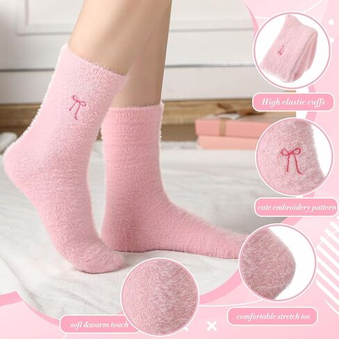 Geyoga 5 Pcs Women's Bow Fuzzy Socks Winter Soft Slipper Socks Coquette Stuff Fluffy Thick Spa Home Sleeping in Kuwait