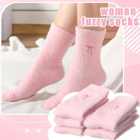 Geyoga 5 Pcs Women's Bow Fuzzy Socks Winter Soft Slipper Socks Coquette Stuff Fluffy Thick Spa Home Sleeping in Kuwait