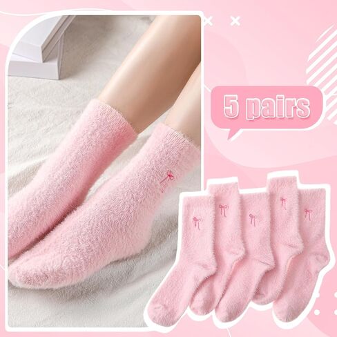 Geyoga 5 Pcs Women's Bow Fuzzy Socks Winter Soft Slipper Socks Coquette Stuff Fluffy Thick Spa Home Sleeping in Kuwait