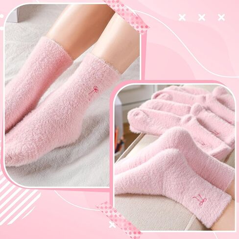 Geyoga 5 Pcs Women's Bow Fuzzy Socks Winter Soft Slipper Socks Coquette Stuff Fluffy Thick Spa Home Sleeping in Kuwait