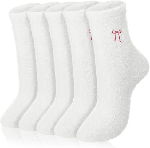 Geyoga 5 Pcs Women's Bow Fuzzy Socks Winter Soft Slipper Socks Coquette Stuff Fluffy Thick Spa Home Sleeping in Kuwait