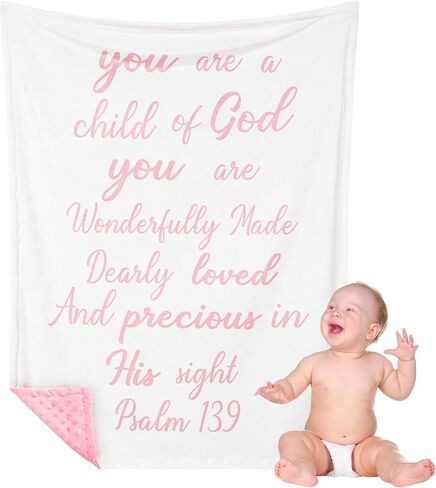 Rtteri Christian Gift for Baby Plush Baby Blanket with Dotted Backing First Communion Gift Baptism Blanket Scripture Swaddle Bible Verse for Newborn Boy Girl Christening Godchild Gift(Pink and White) in Kuwait
