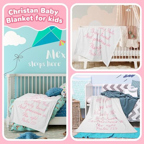 Rtteri Christian Gift for Baby Plush Baby Blanket with Dotted Backing First Communion Gift Baptism Blanket Scripture Swaddle Bible Verse for Newborn Boy Girl Christening Godchild Gift(Pink and White) in Kuwait