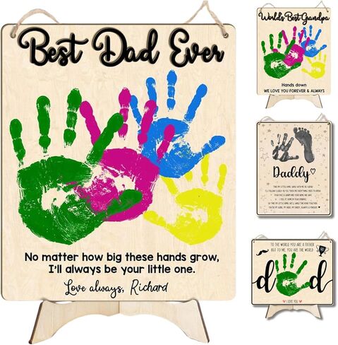 10" Hands Down Best Dad Ever Gifts Frame with Paint, Dad Keychain Birthday Father's Day Gift for Daddy, DIY Family Handprint Art Craft Plaque, Custom Wooden Sign with Kids Names for New Dad. Daddy in Kuwait
