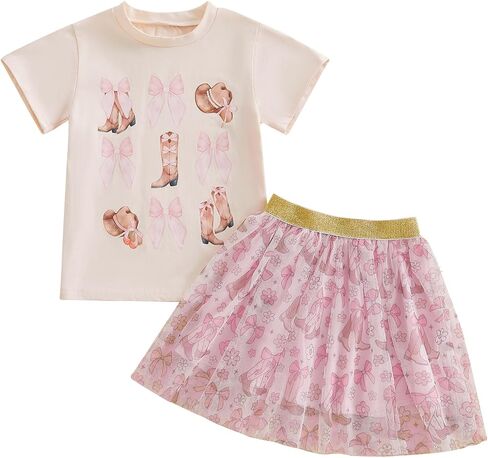 Chloefairy Western Toddler Baby Girl Summer Clothes Bow Boots Short Sleeve T-Shirt Tulle Tutu Skirt Set Kids Cowgirl Outfit in Saudi Arabia
