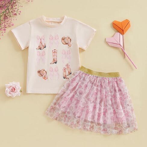 Chloefairy Western Toddler Baby Girl Summer Clothes Bow Boots Short Sleeve T-Shirt Tulle Tutu Skirt Set Kids Cowgirl Outfit in Saudi Arabia